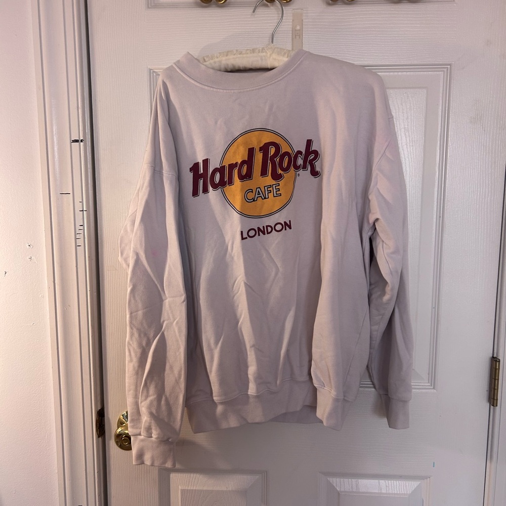 Hard Rock Cafe London Crewneck - Cream with Yellow and Burgundy Logo Vintage